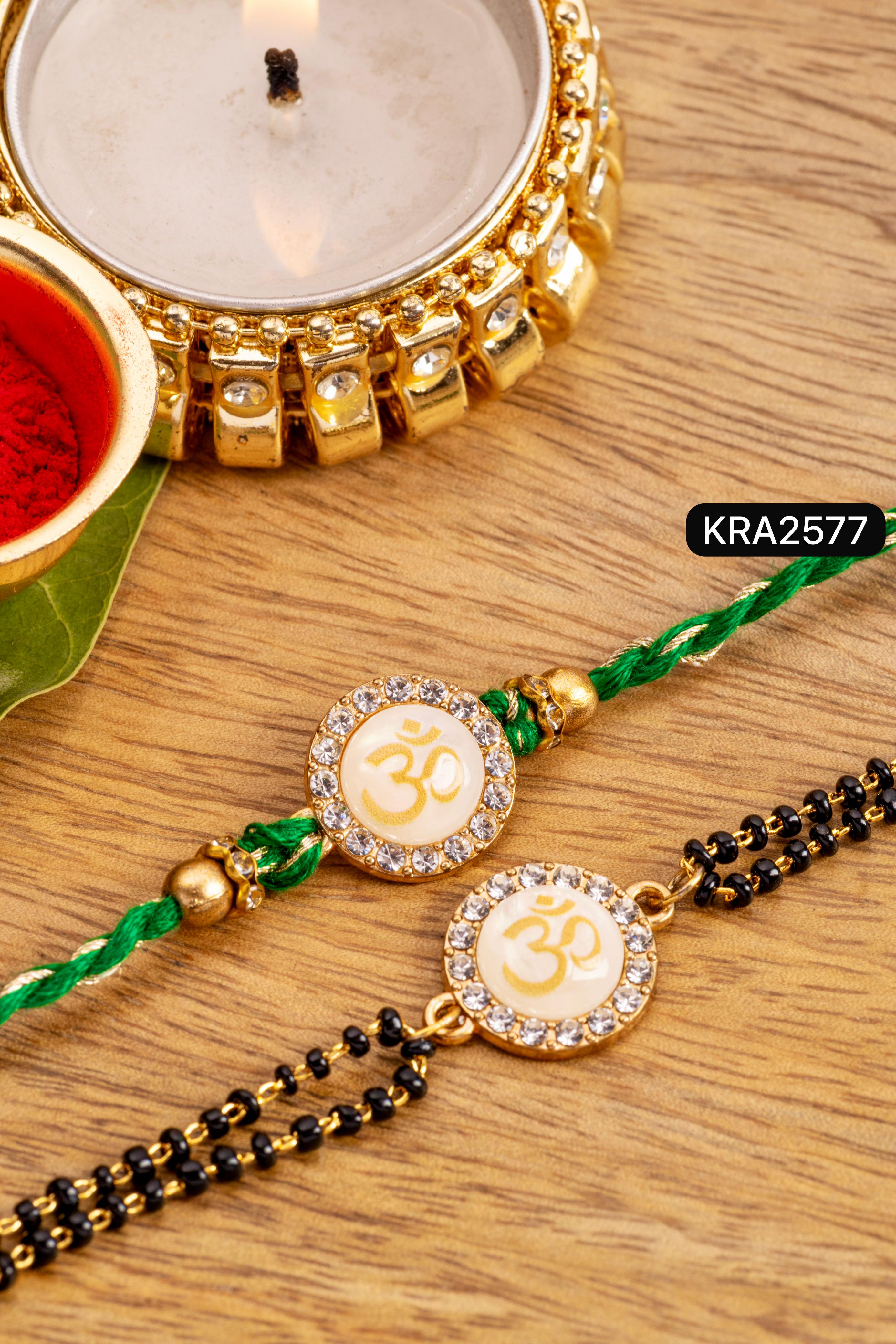 Monalisa Stone OM Embellished Hand Braided Rakhi & Bracelet Set (KRA2577)