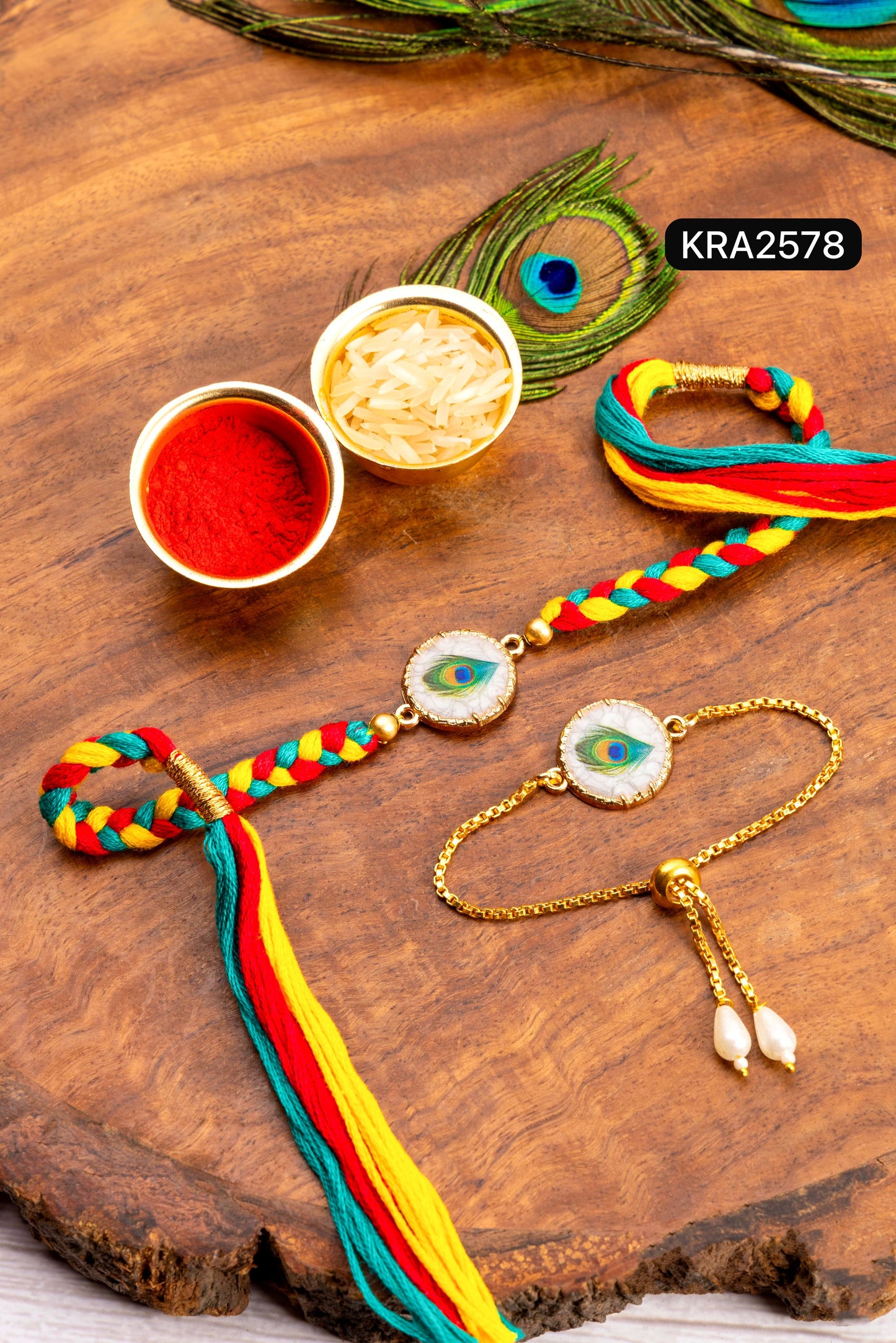Mother Of Pearl Peacock Feather Hand Braided Rakhi & Bracelet Set (KRA2578)