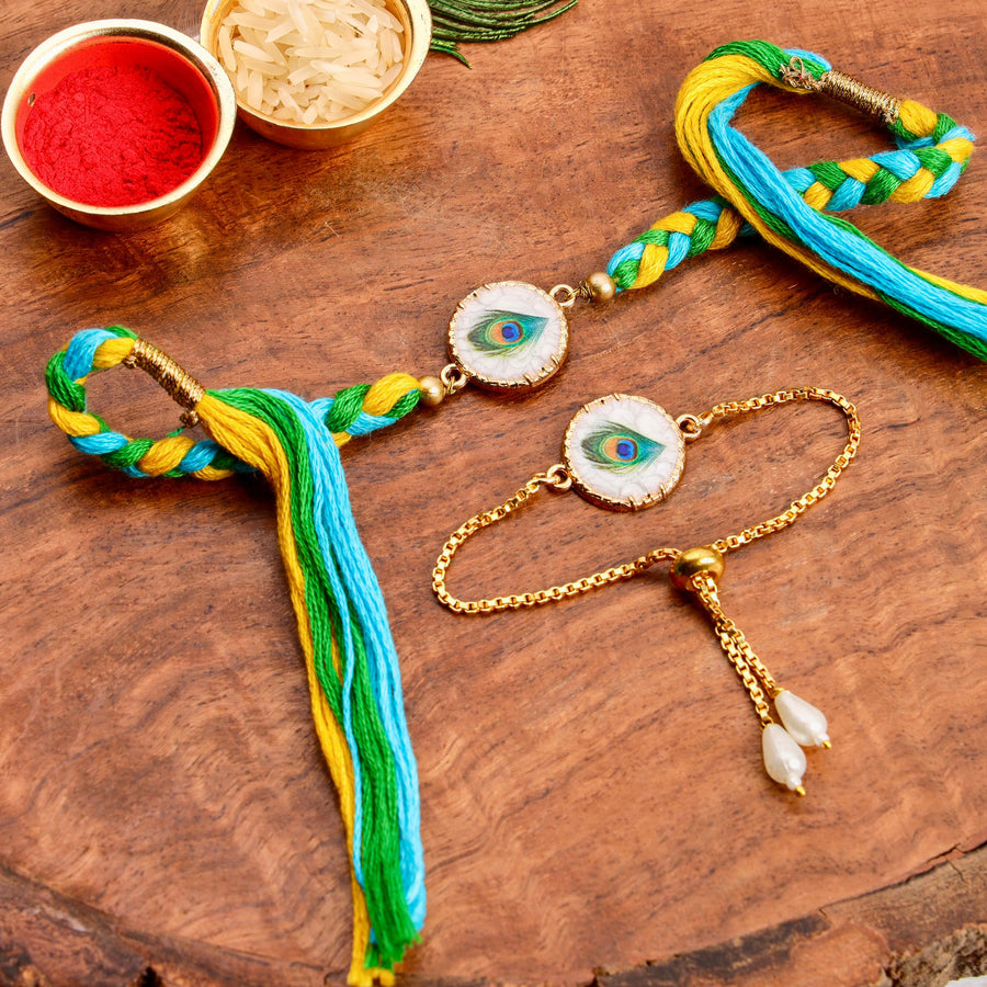 Mother Of Pearl Peacock Feather Hand Braided Rakhi & Bracelet Set (KRA2578)