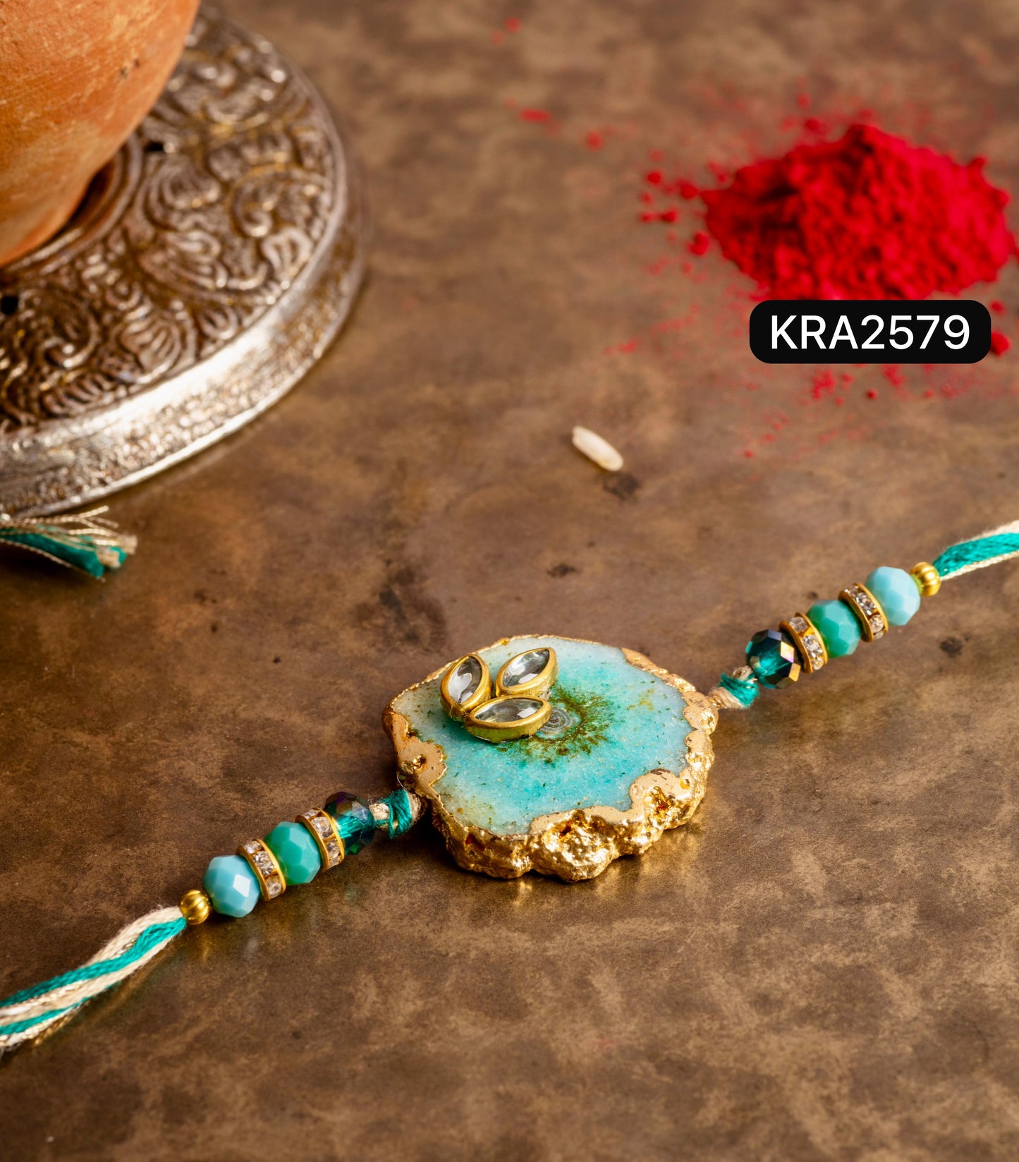 Natural Agate Stone Rakhi With Kundan Stones Embellishments (KRA2579)