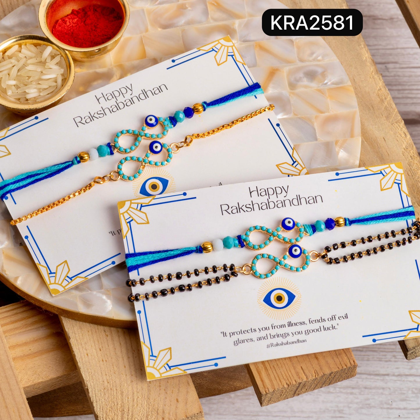 Evil Eye Infinity Rakhi & Bracelet Set With Colored Stones (KRA2581)