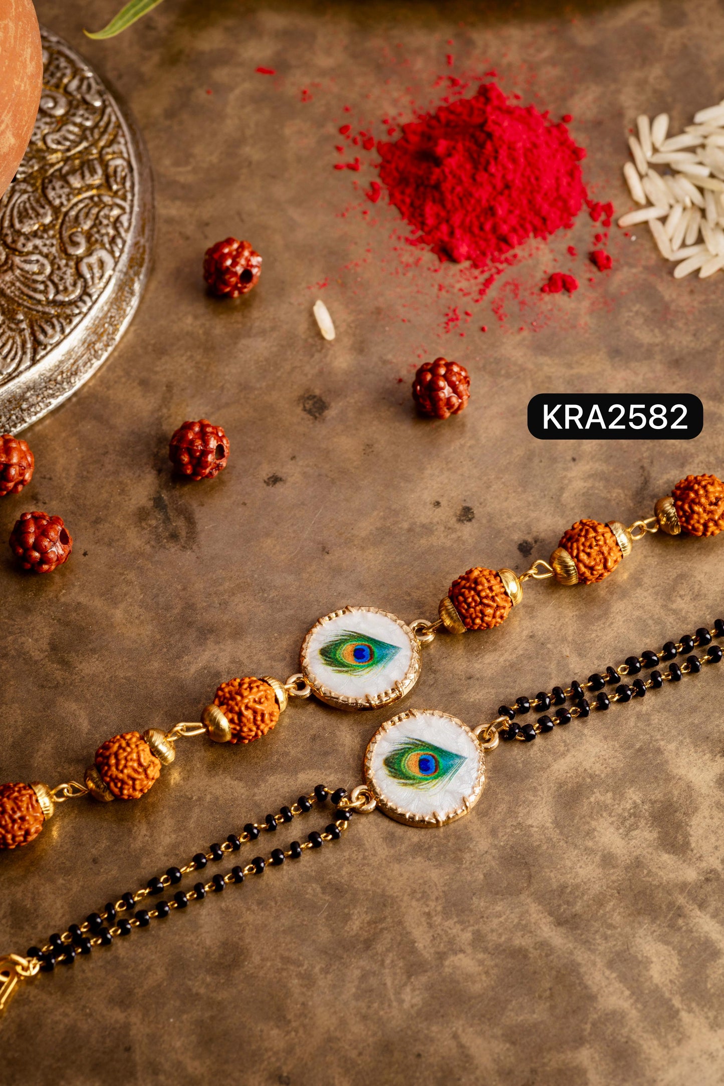 Mother Of Pearl Morpankh Rudraksha Bracelet For Bhai With Black Beads Bracelet For Bhabhi (KRA2582)