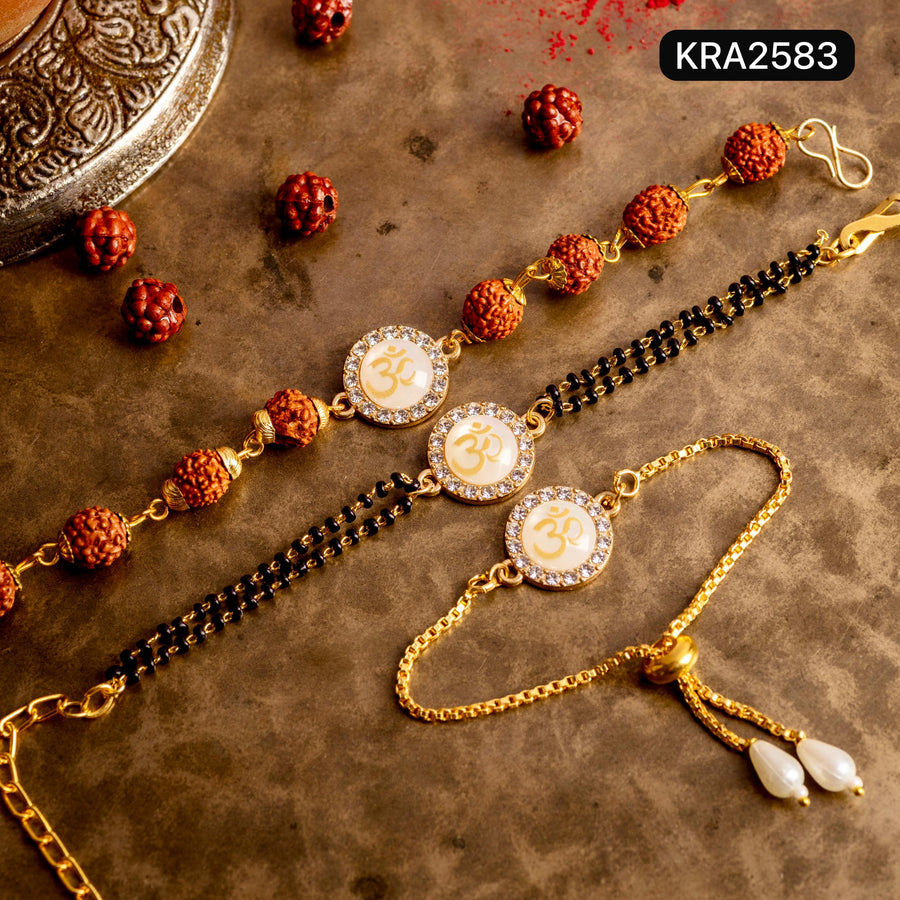 Monalisa AD Studded OM Rudraksha Bracelet For Bhai With Black Beads/Golden Bracelet For Bhabhi (KRA2583)