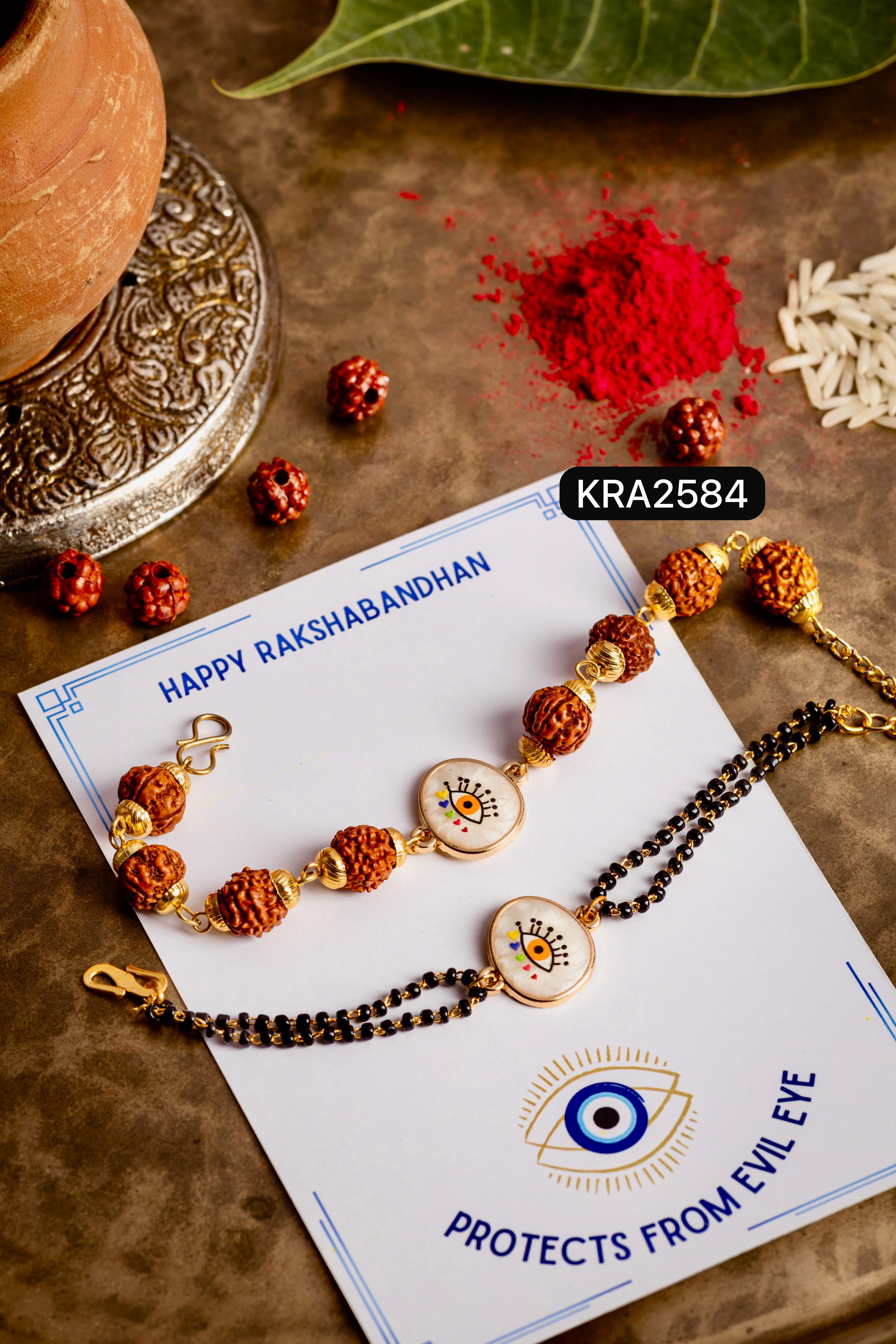 Mother Of Pearl Evil Eye Rudraksha Bracelet For Bhai With Black Beads Bracelet For Bhabhi (KRA2584)