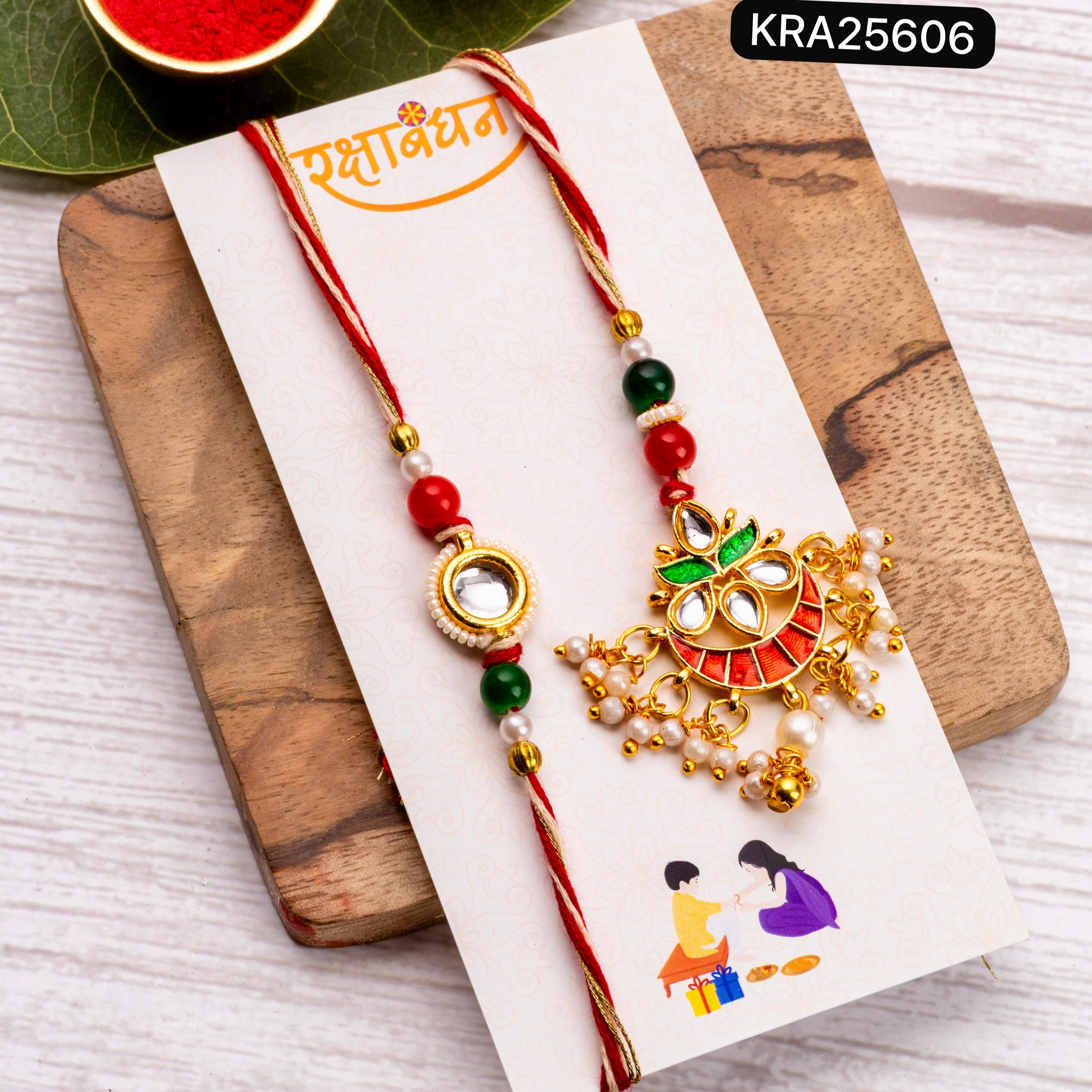 Minimalist Kundan Meenakari Rakhi Lumba Set (KRA25606)