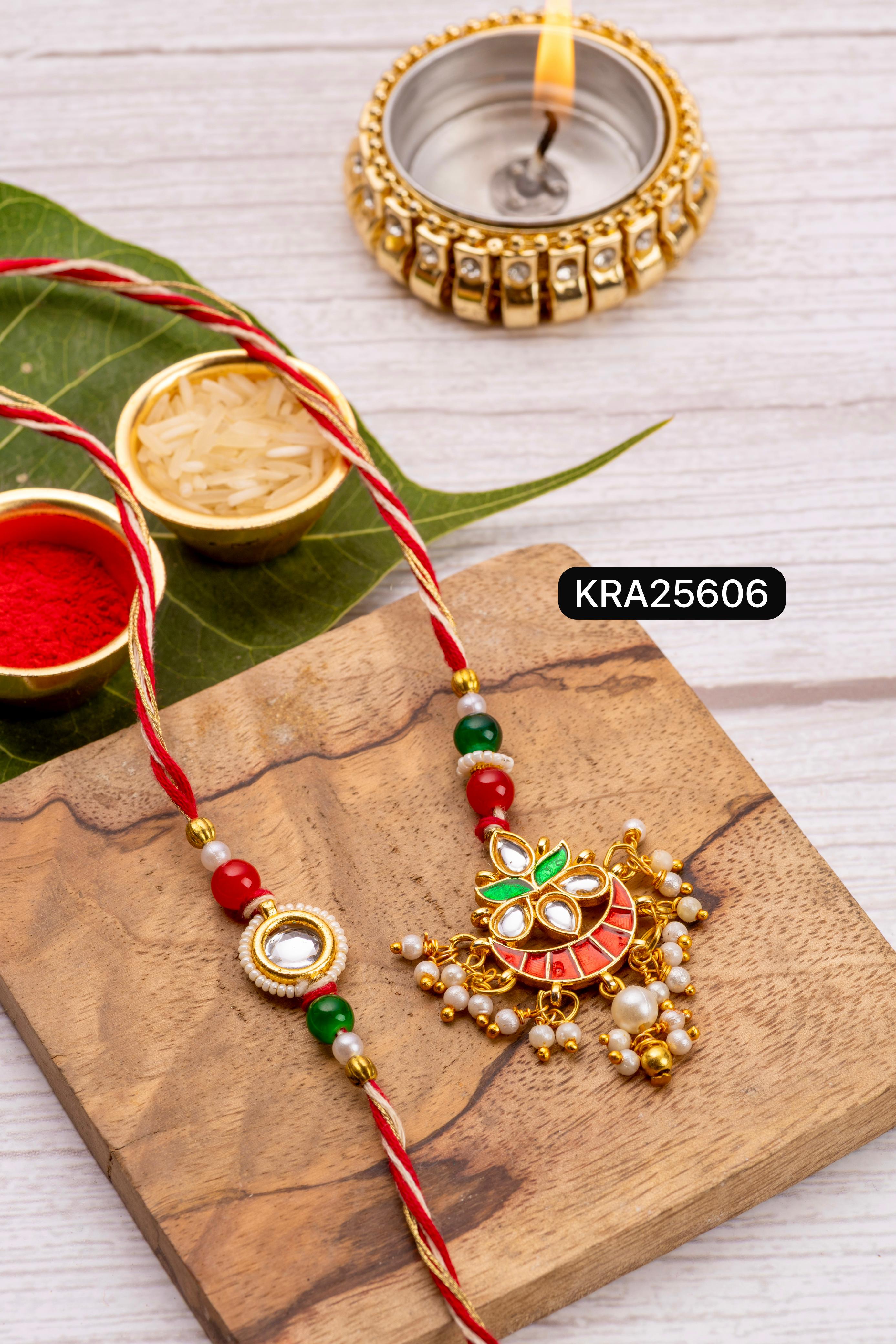 Minimalist Kundan Meenakari Rakhi Lumba Set (KRA25606)
