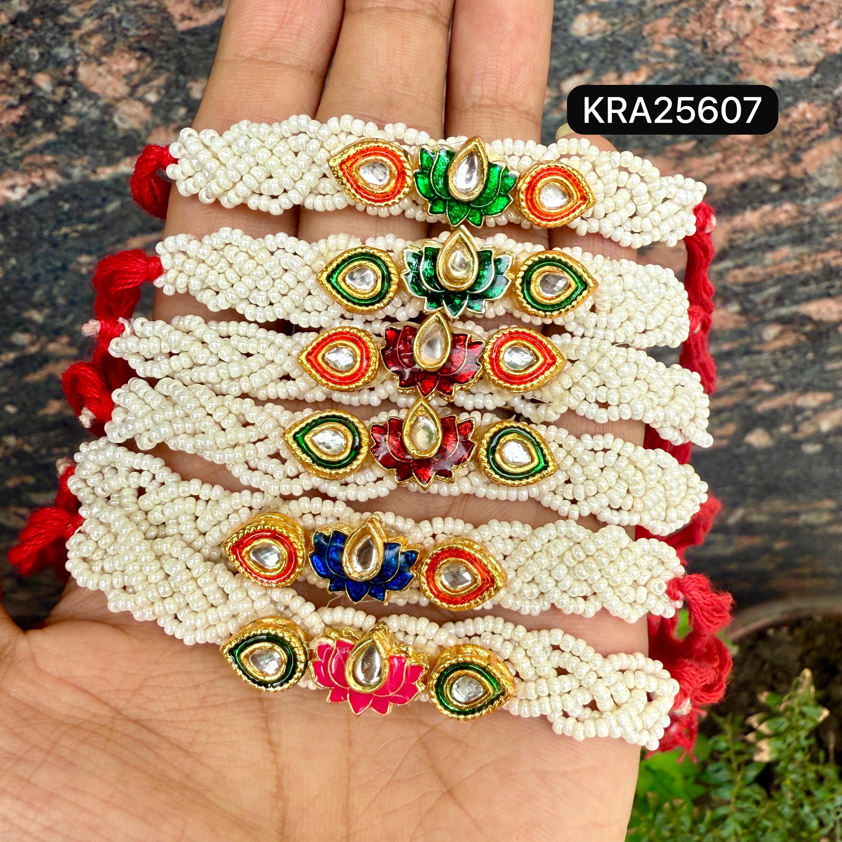 Cheed Moti Base, Meenakari Lotus Kundan Rakhi (KRA25607)