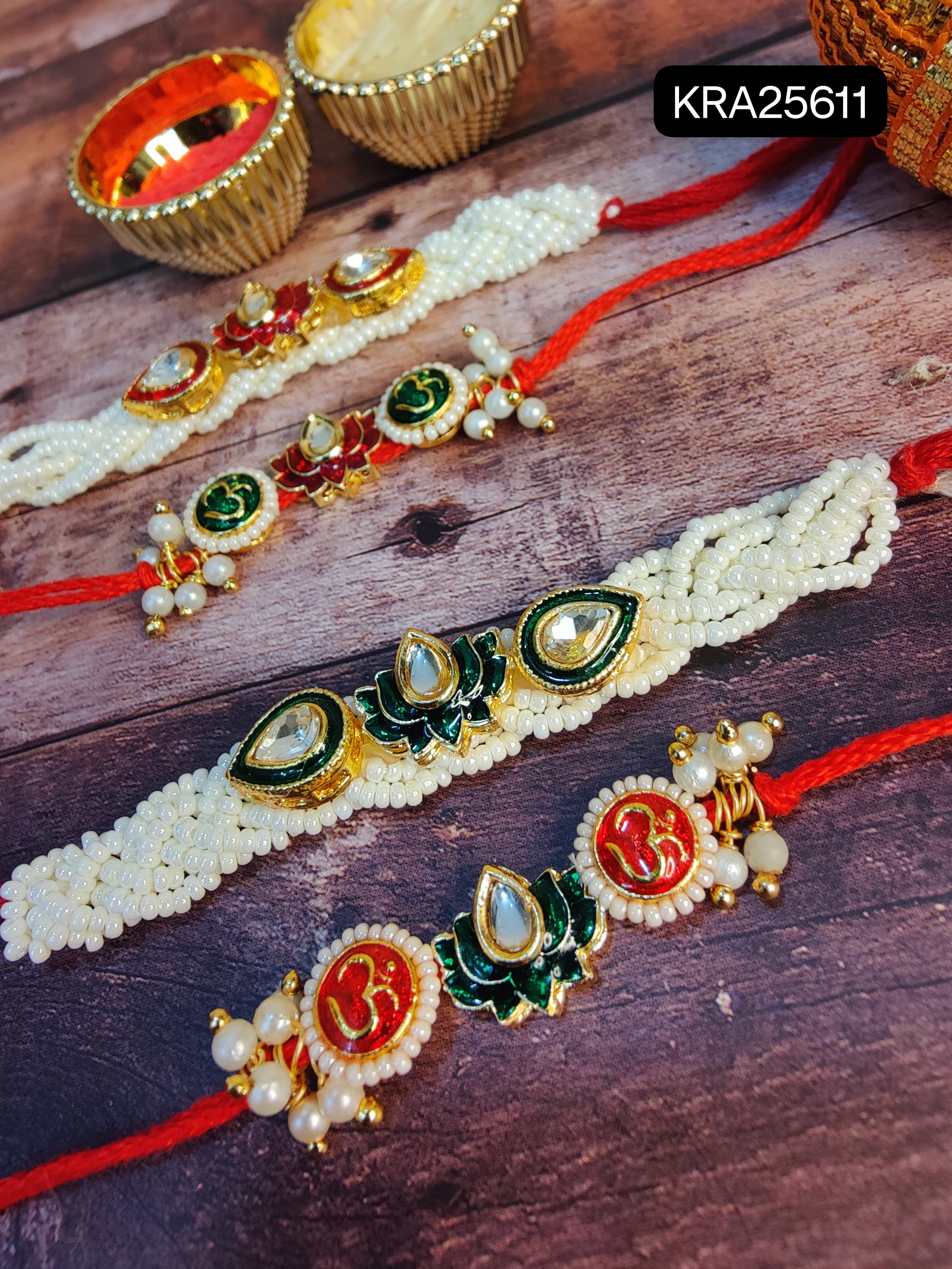 Om Lotus Bhai Rakhi & Moti Chatai Bhabhi Bracelet Set (KRA25611)