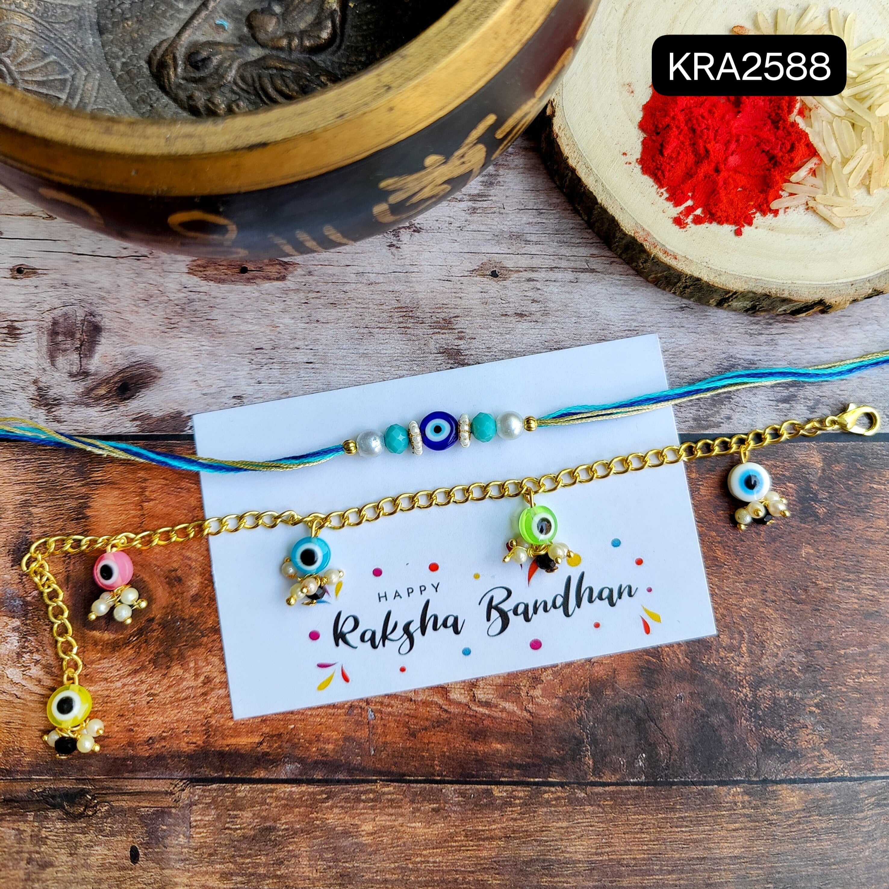 Evil Eye Budget Rakhi For Bhai & Bracelet For Bhabhi (KRA2588)