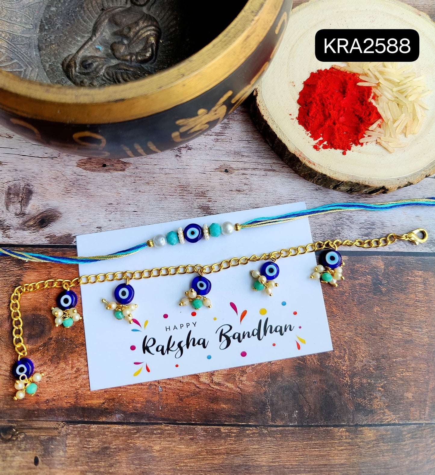Evil Eye Budget Rakhi For Bhai & Bracelet For Bhabhi (KRA2588)