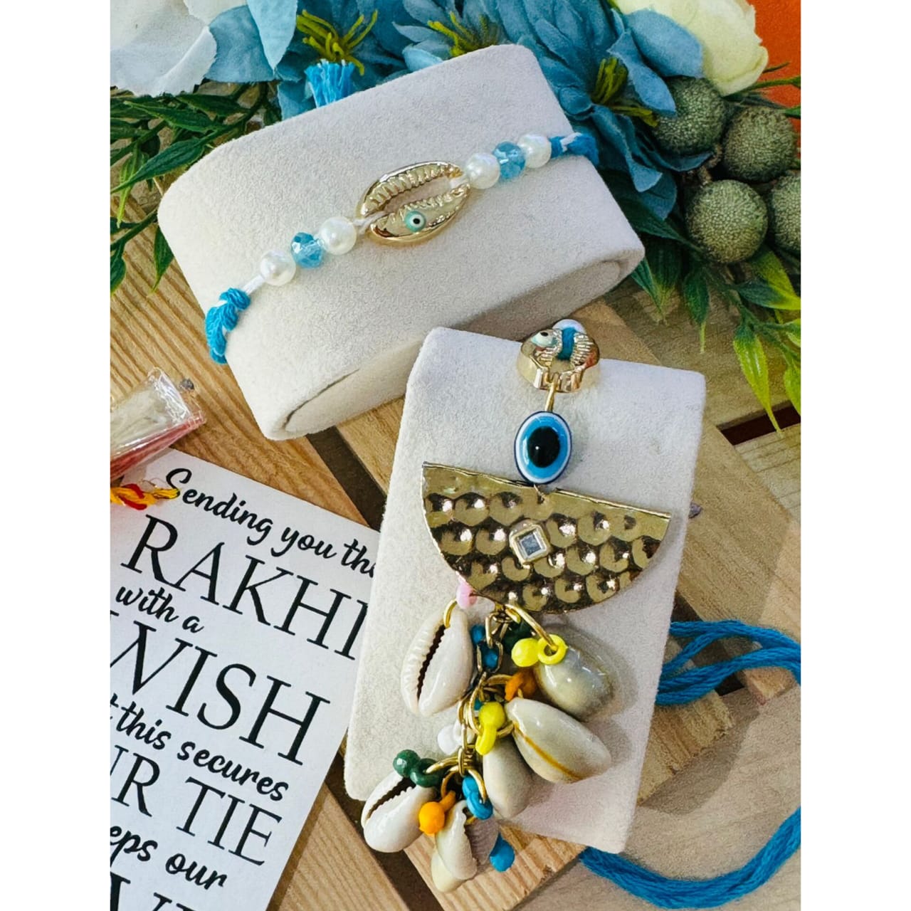 Elegant Sea Shell Braided Rakhi & Lumba Set