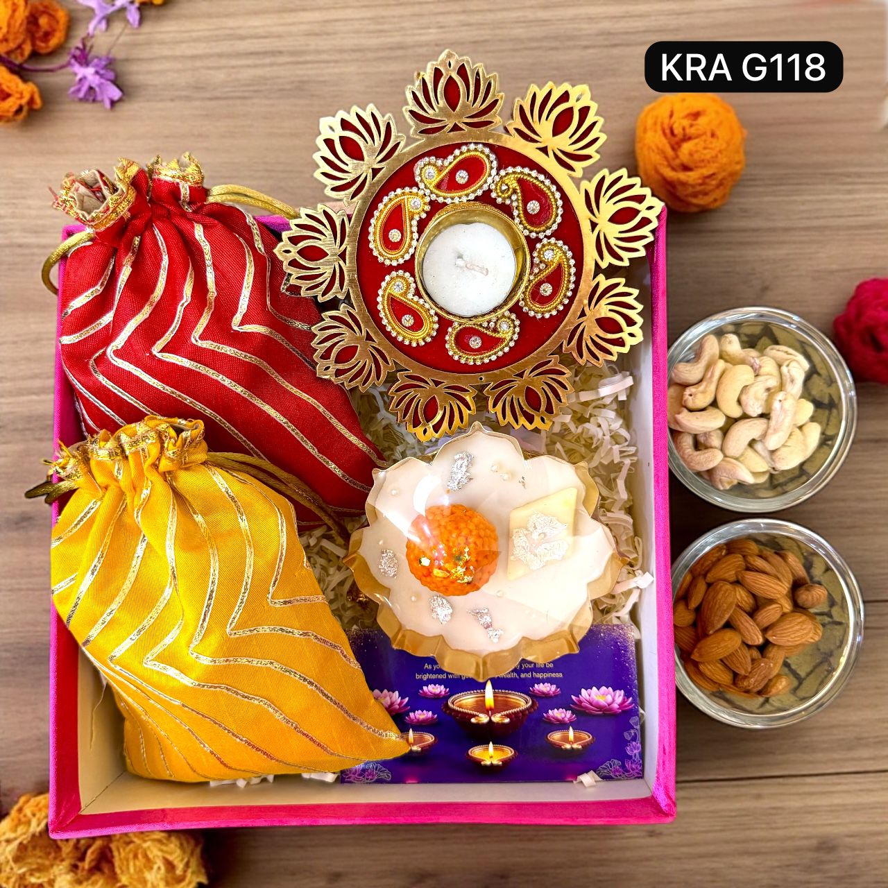 Diwali Box Hamper With Mithai Urli Candle KRA G118