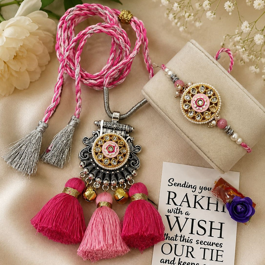 Pretty Oxidized Meenakari Rakhi & Necklace Lumba Set