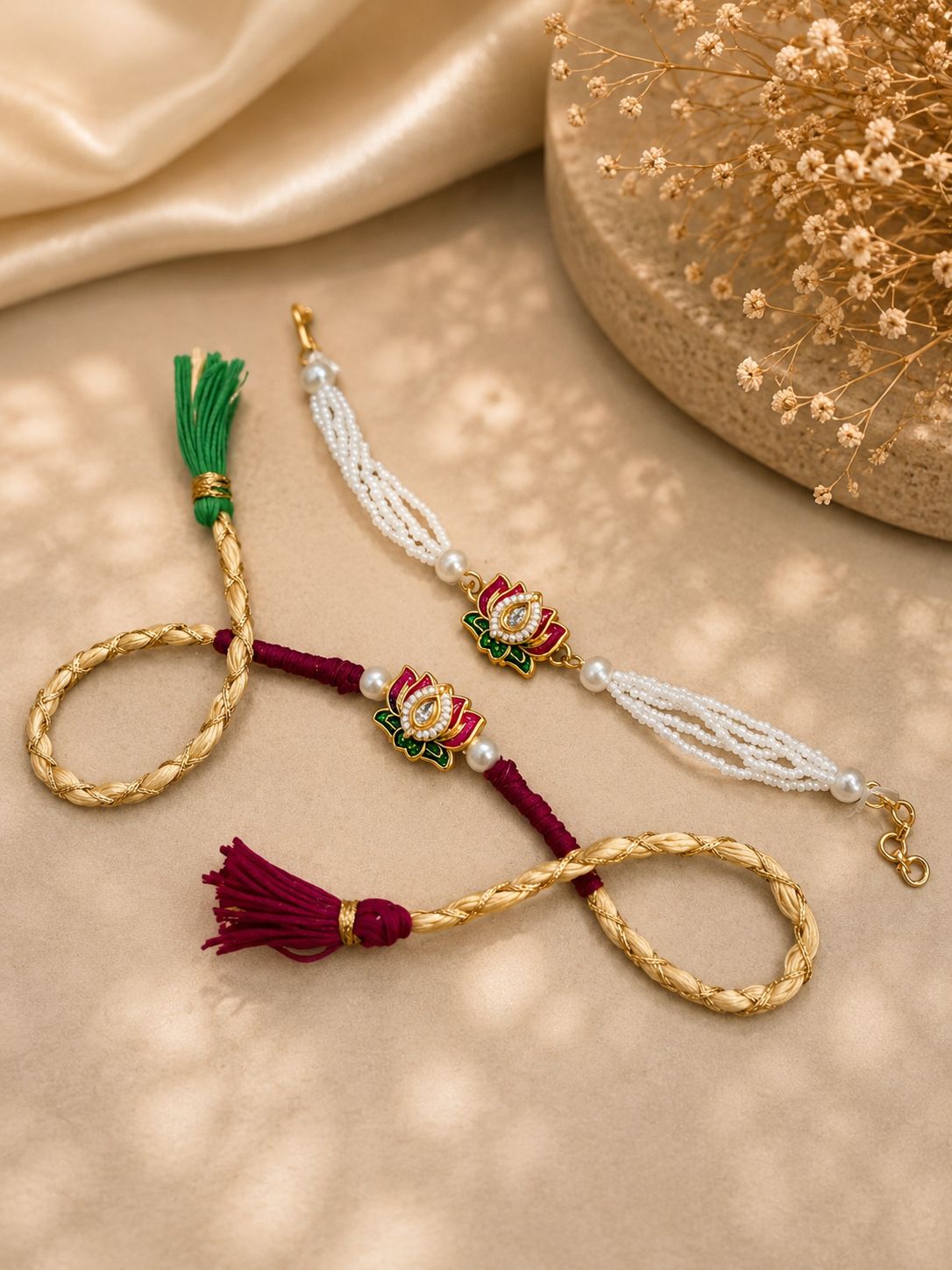 Heavy Tassel Lotus Couple Rakhi Set