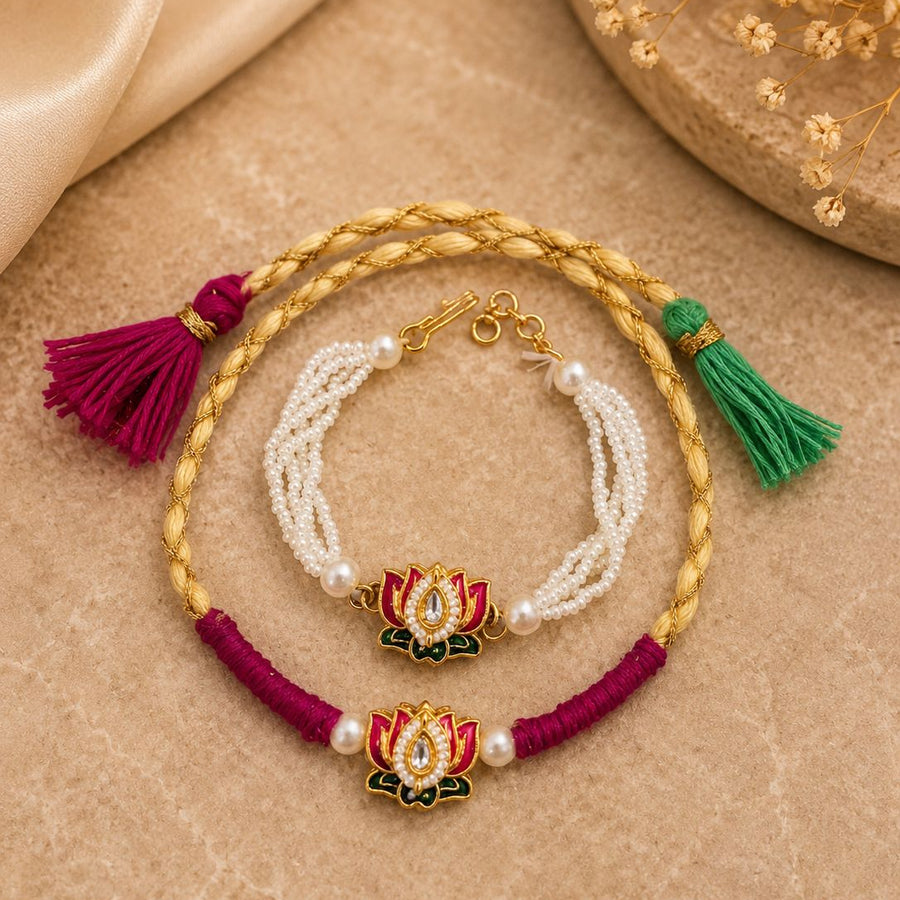 Heavy Tassel Lotus Couple Rakhi Set
