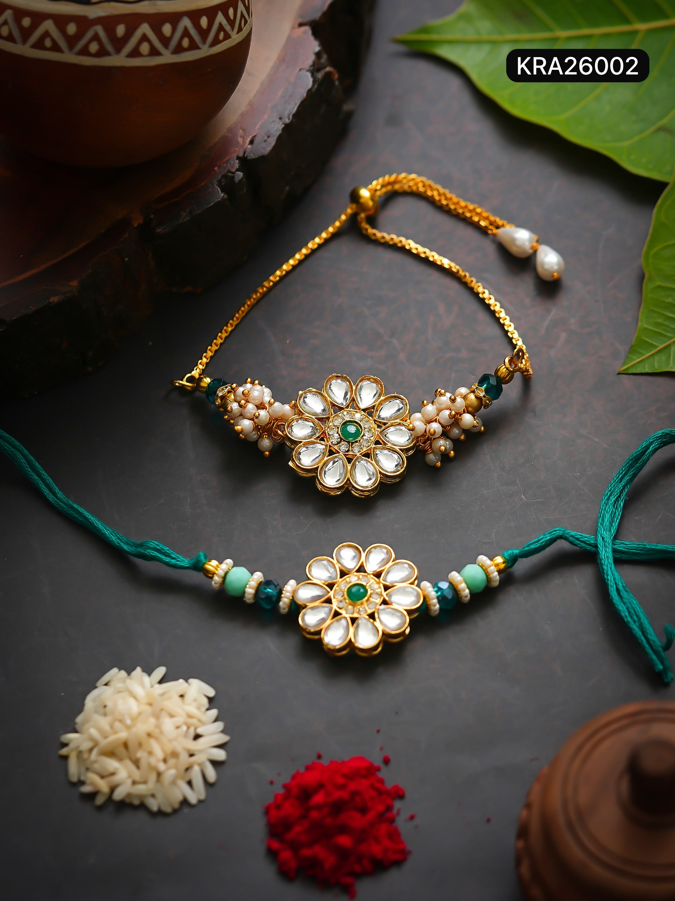 Big Flower Kundan Rakhi Set (KRA26002)