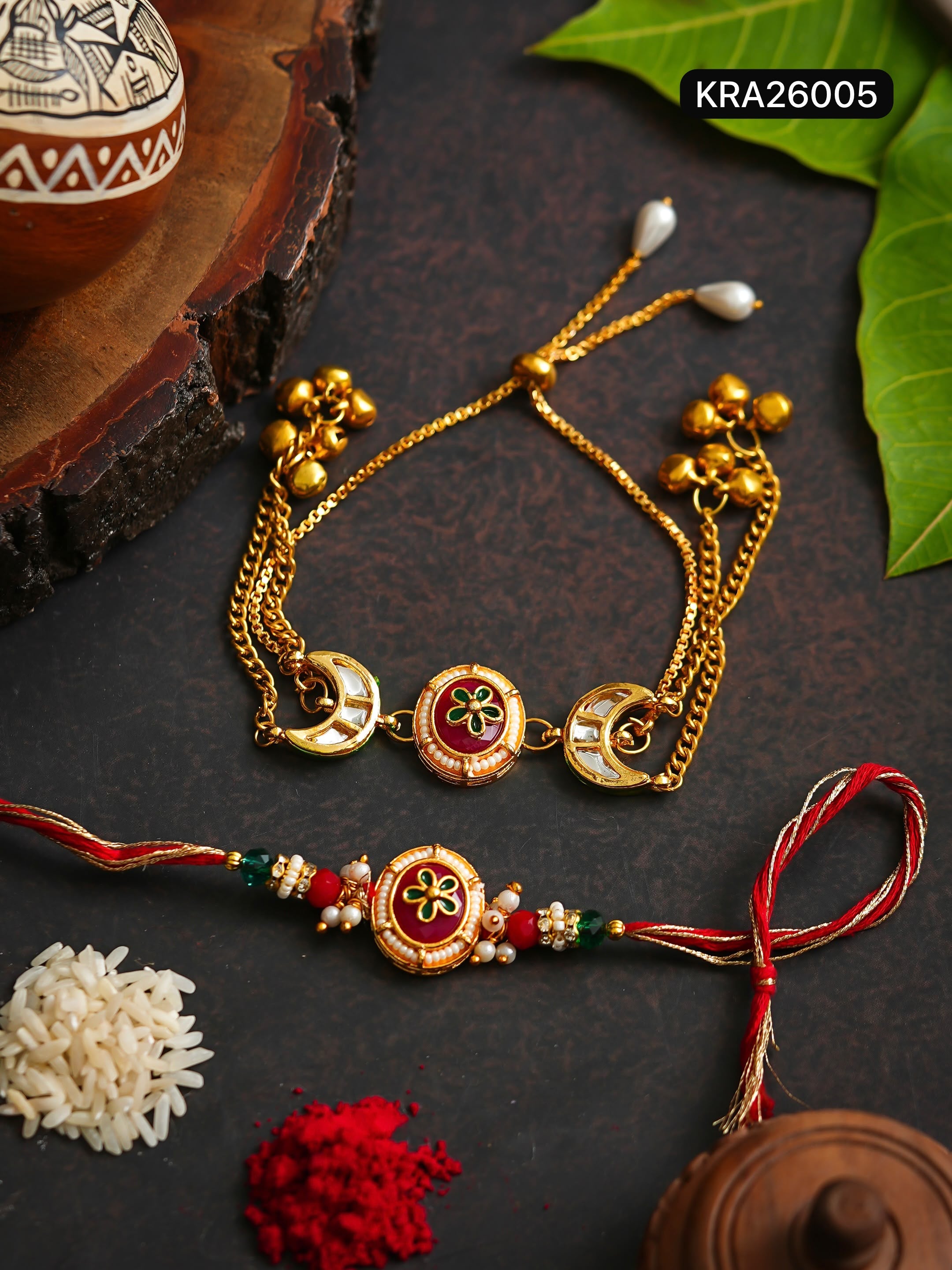 Kashmiri Style Jadau Meenakari Rakhi & Bracelet Set (KRA26005)