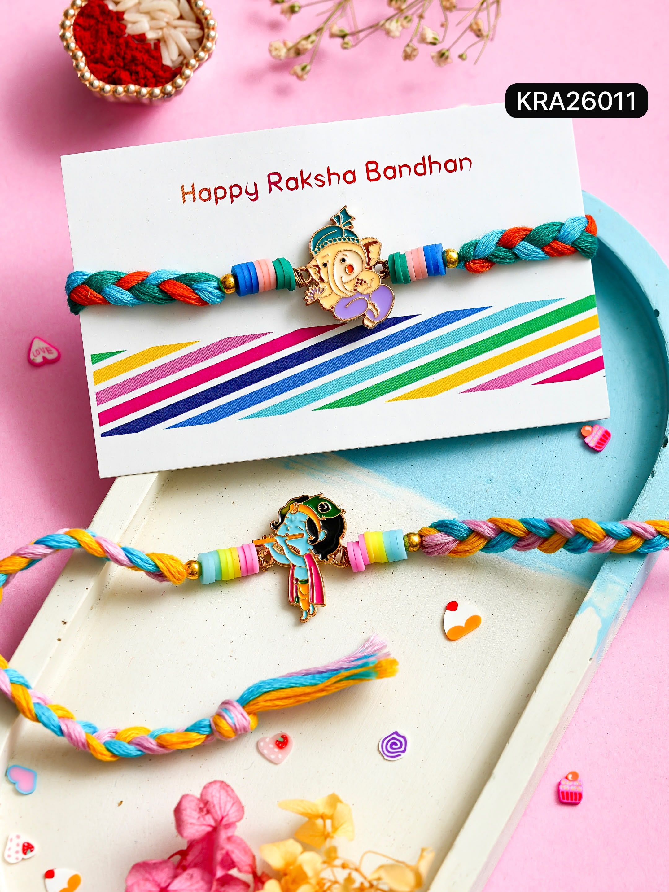 Ganpati Ji & Kanha Ji Hand Braided Rakhi (KRA26011)
