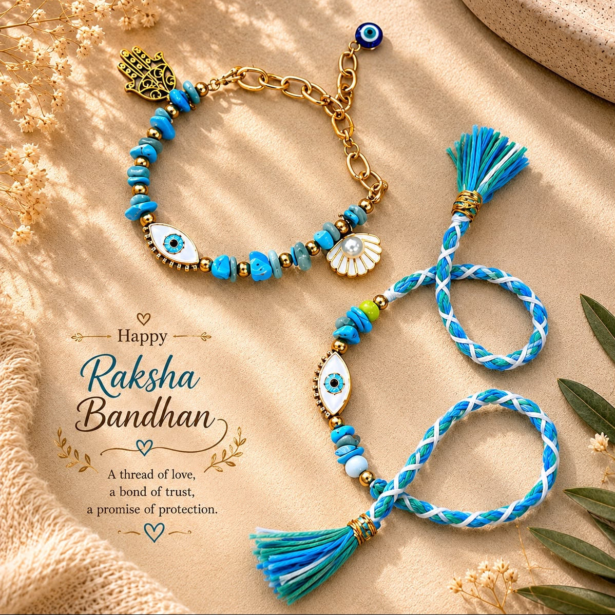 Evil Eye Rakhi & Bracelet Couple Set