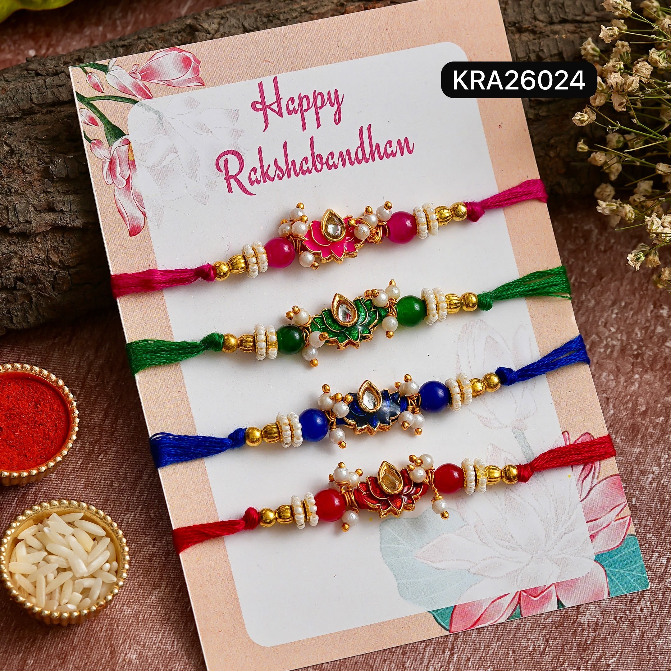 Minimal Kundan Meenakari Lotus Rakhi Set (KRA26024)