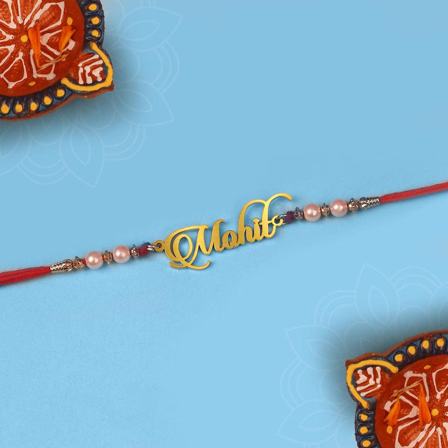 Metal Name Thread Rakhi With Moti