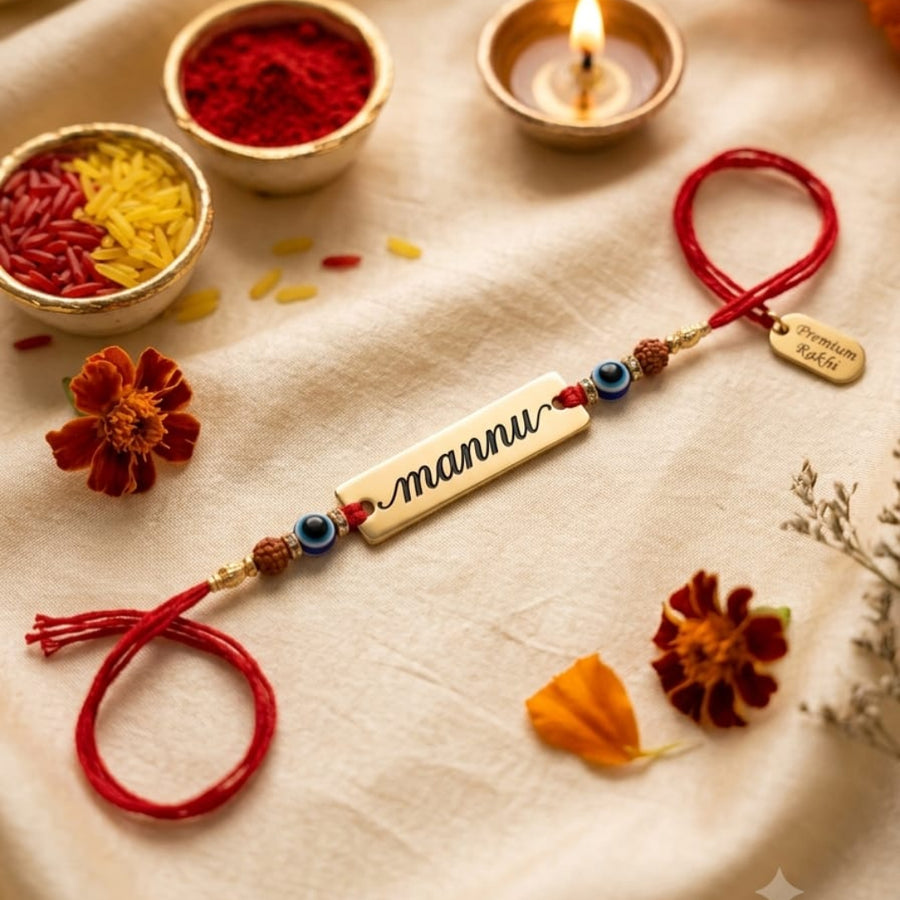 Name Engraved Thread Rakhi With Evil Eye