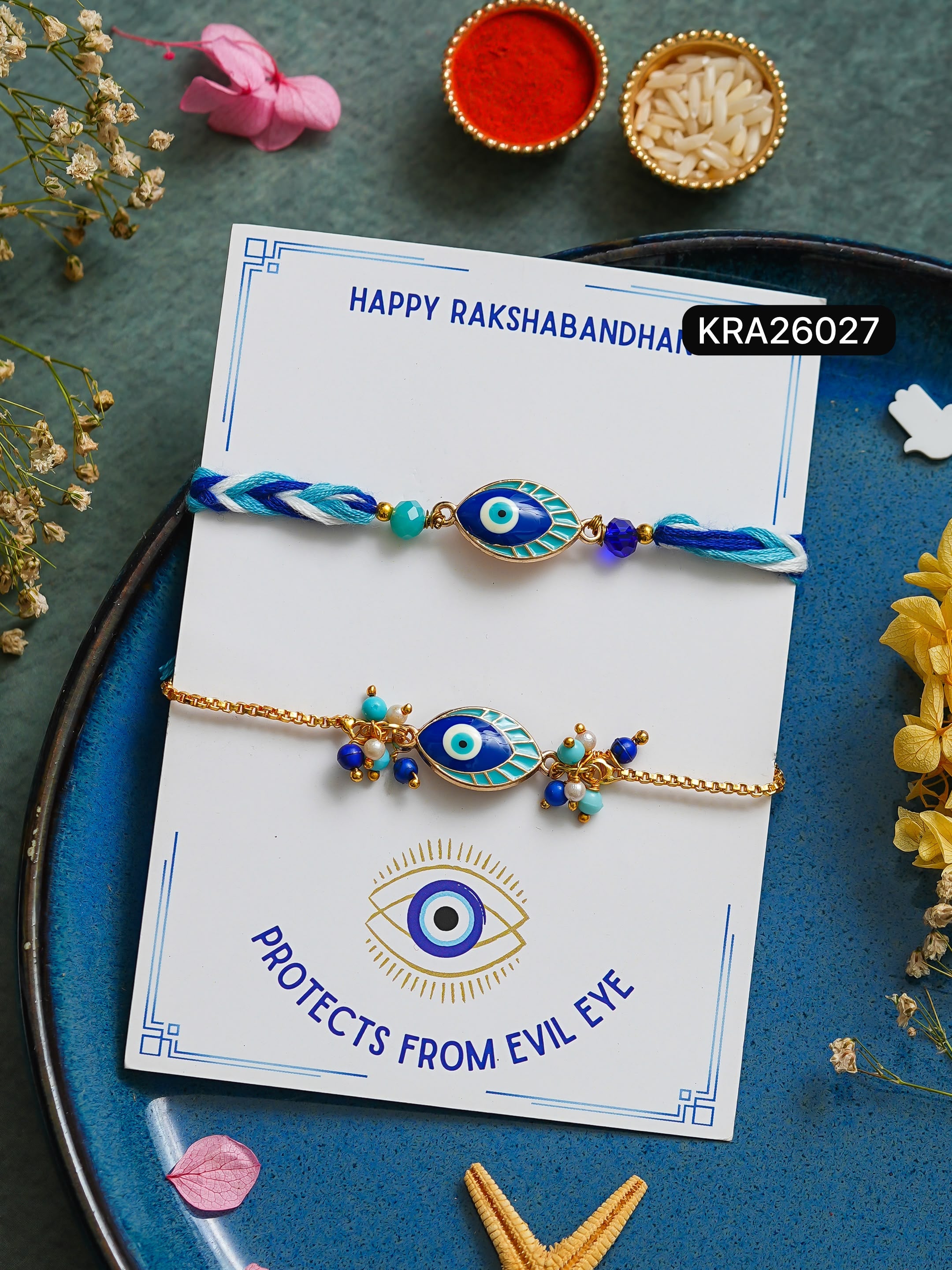 Evil Eye Hand Braided Rakhi & Bracelet Set (KRA26027)