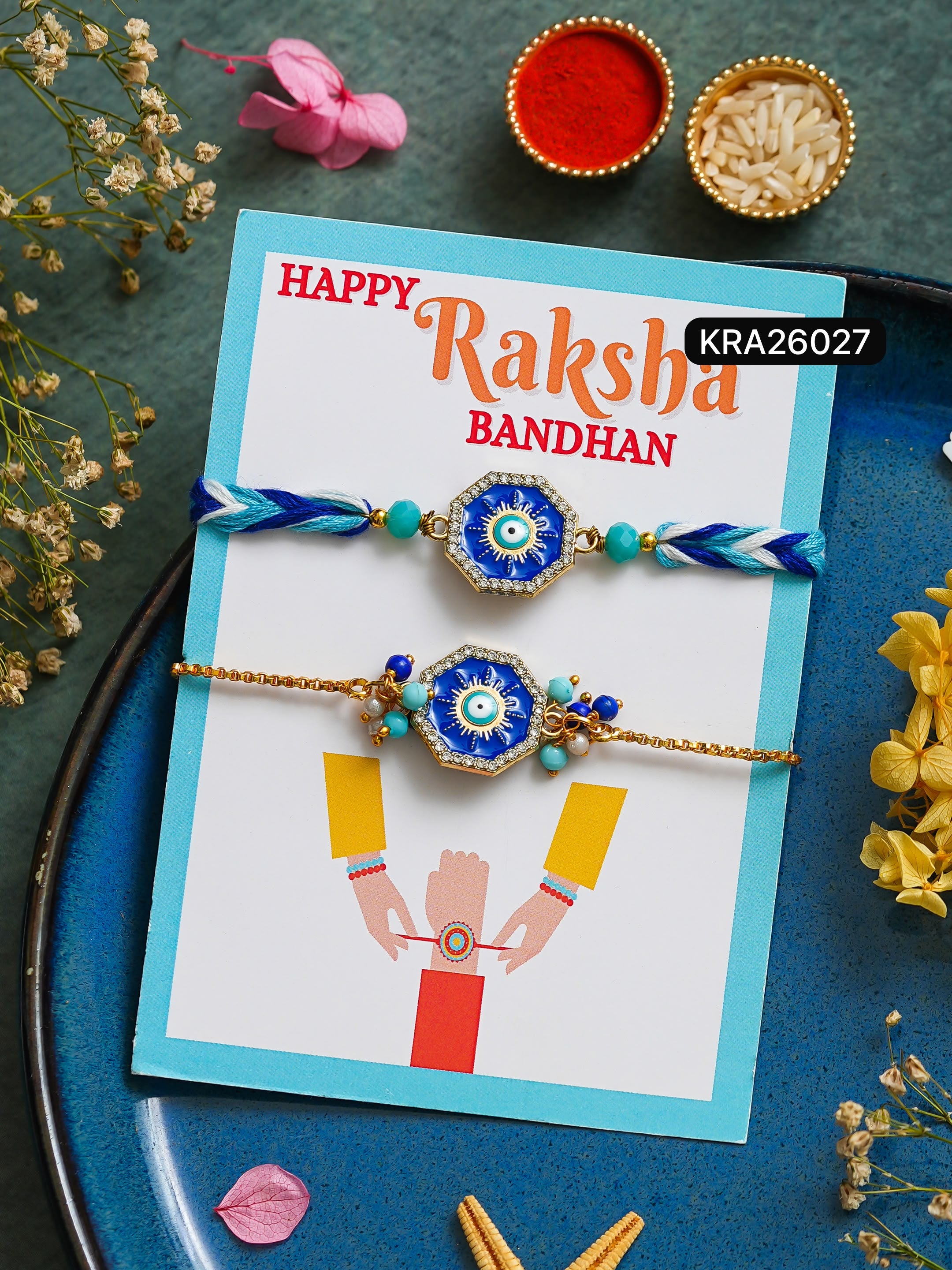 Evil Eye Hand Braided Rakhi & Bracelet Set (KRA26027)