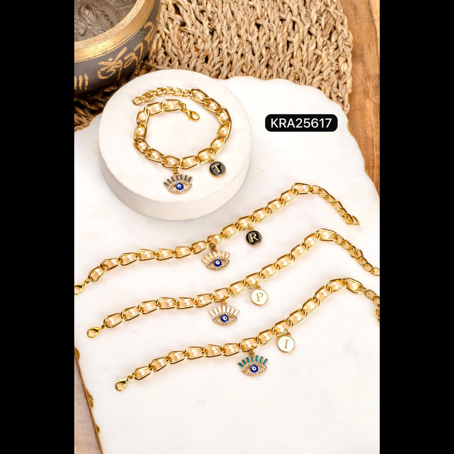 Trendy Metal Chain With Pearls Personalized Bracelets With Evil Eye Charm (KRA25617)