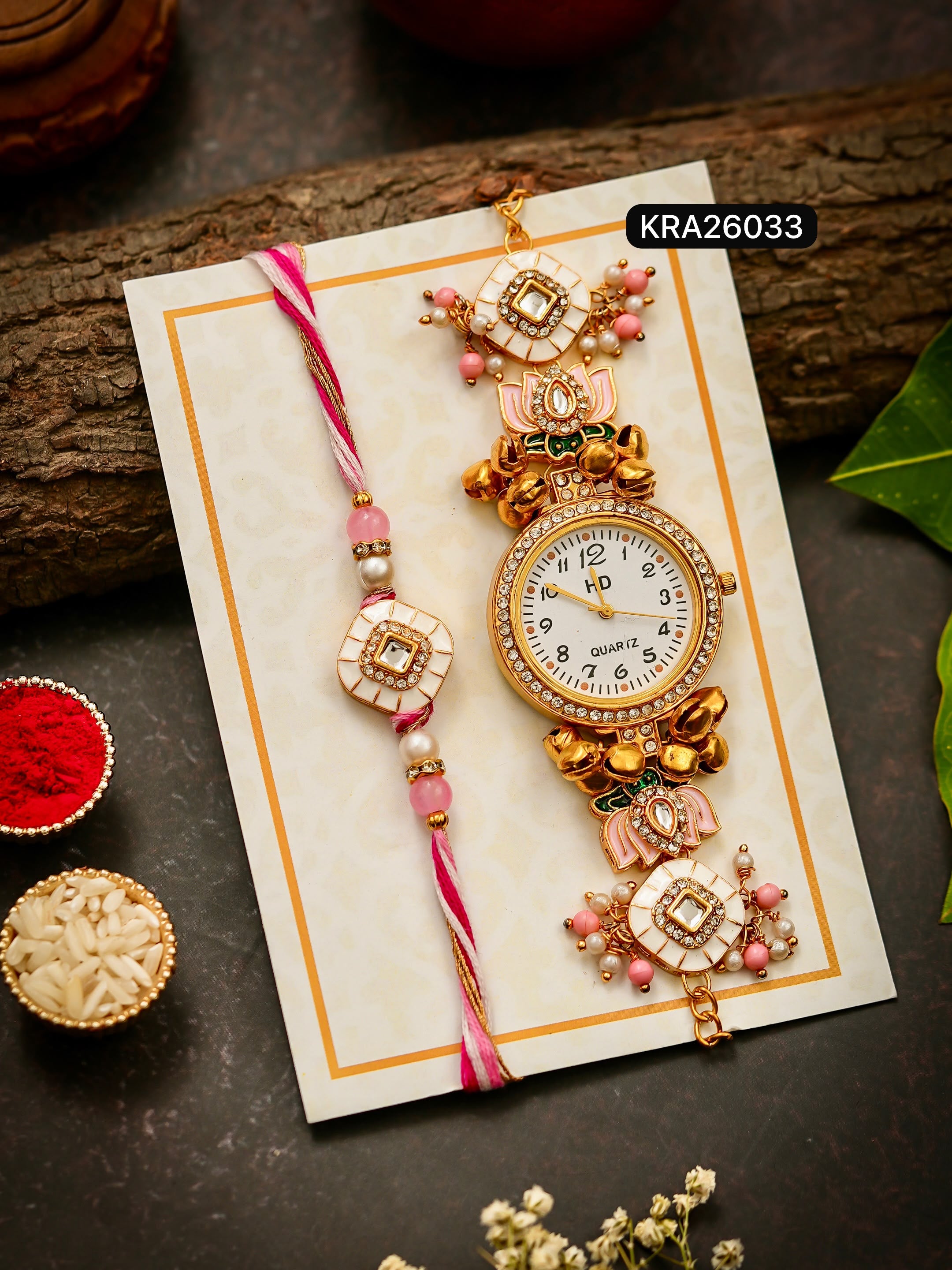 Bhai Rakhi & Bhabhi Meenakari Kundan Watch Bracelet Set (KRA26033)