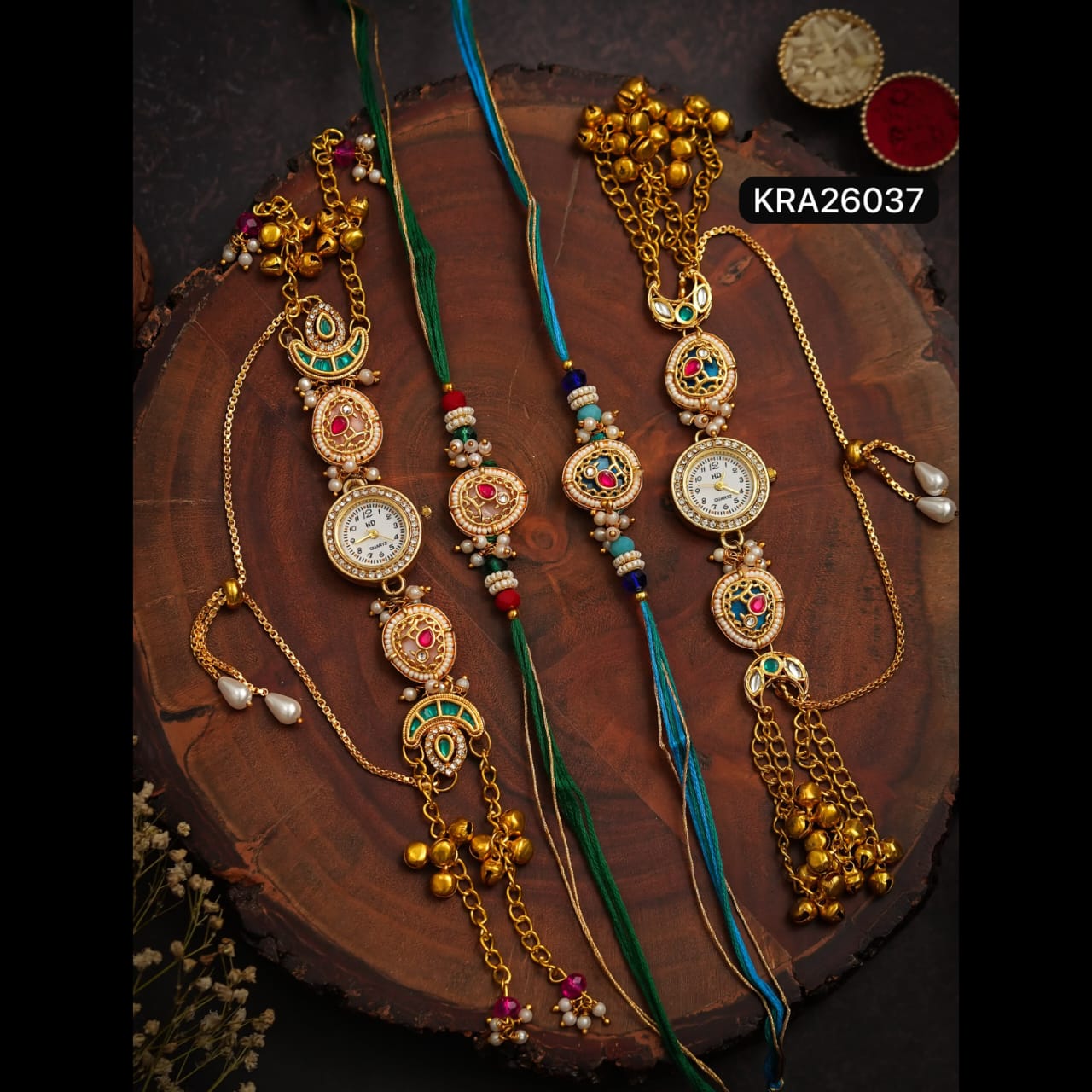 Bhai Rakhi & Bhabhi Meenakari Kundan Kashmiri Watch Bracelet Set (KRA26037)
