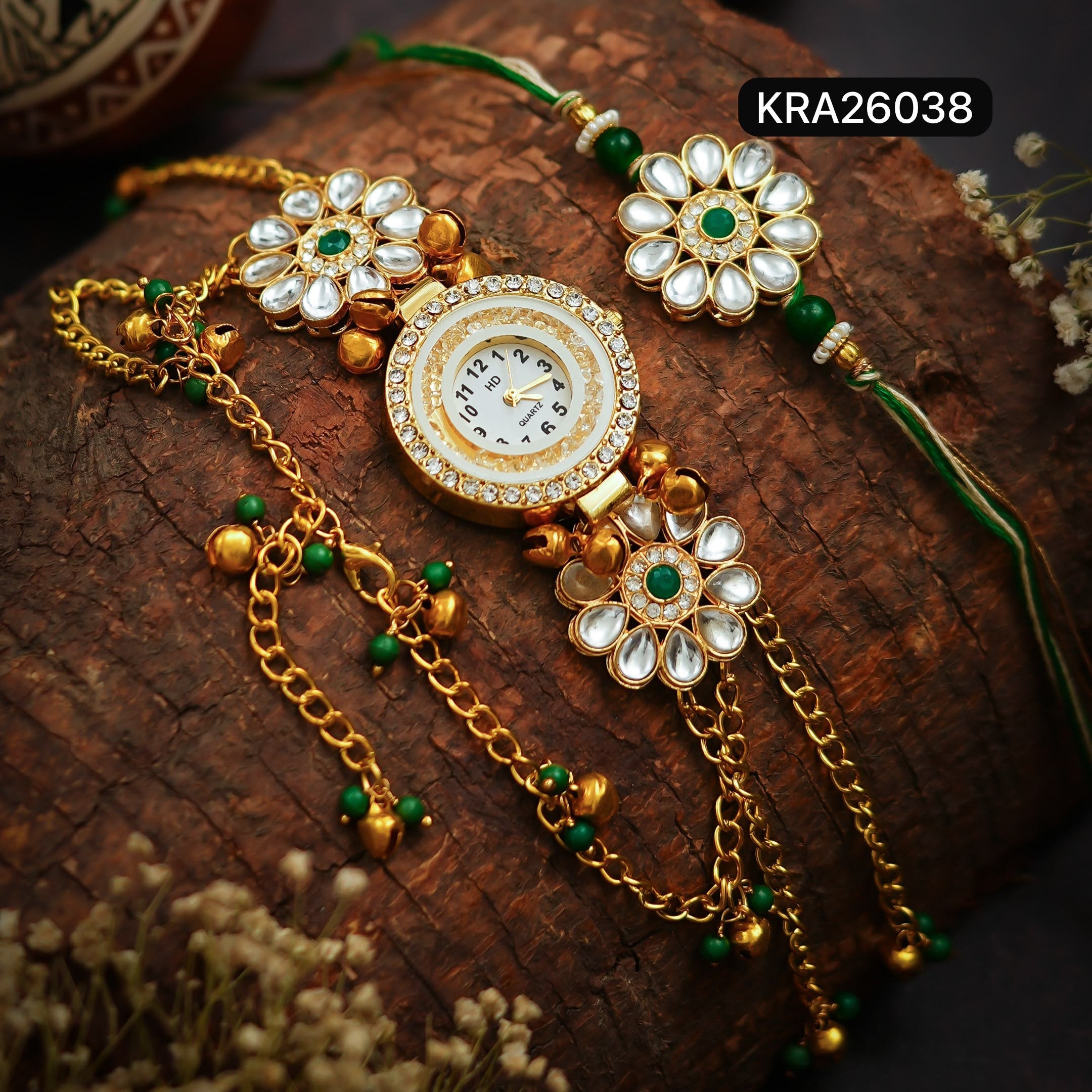 Bhai Rakhi & Bhabhi Kundan Kashmiri Watch Bracelet Set (KRA26038)