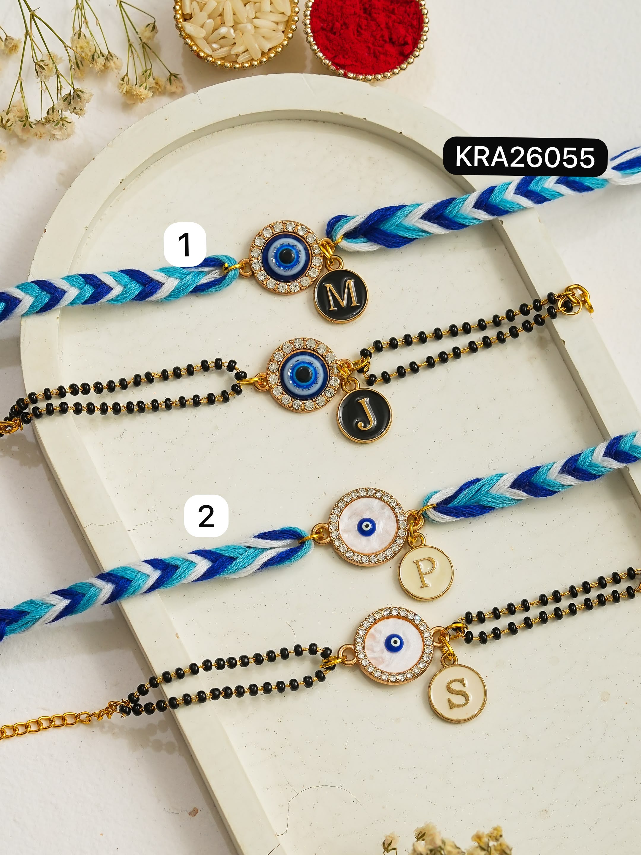 Hand Braided Personalized Bhai Rakhi & Bracelet Set In Evil Eye (KRA26055)