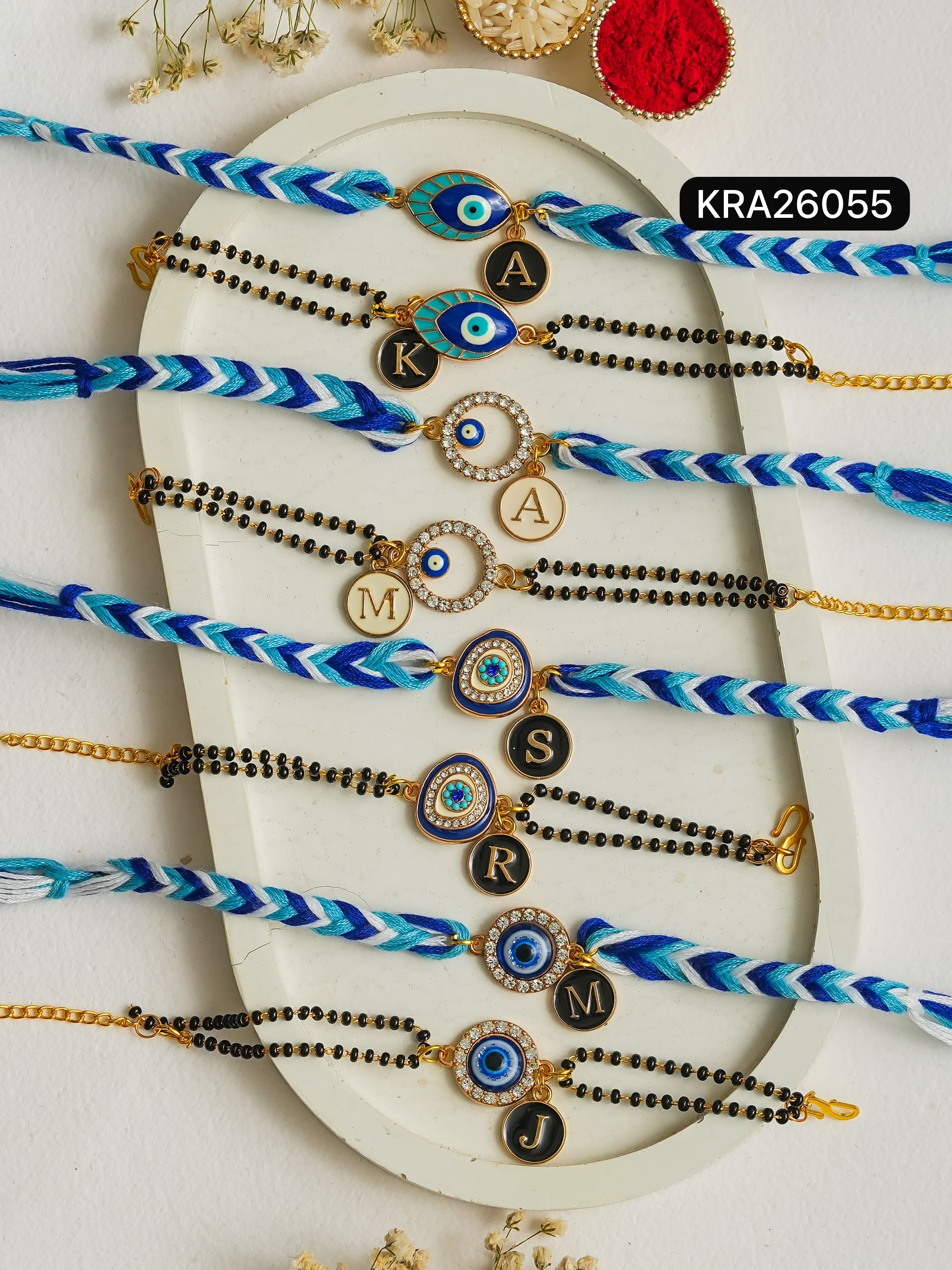 Hand Braided Personalized Bhai Rakhi & Bracelet Set In Evil Eye (KRA26055)
