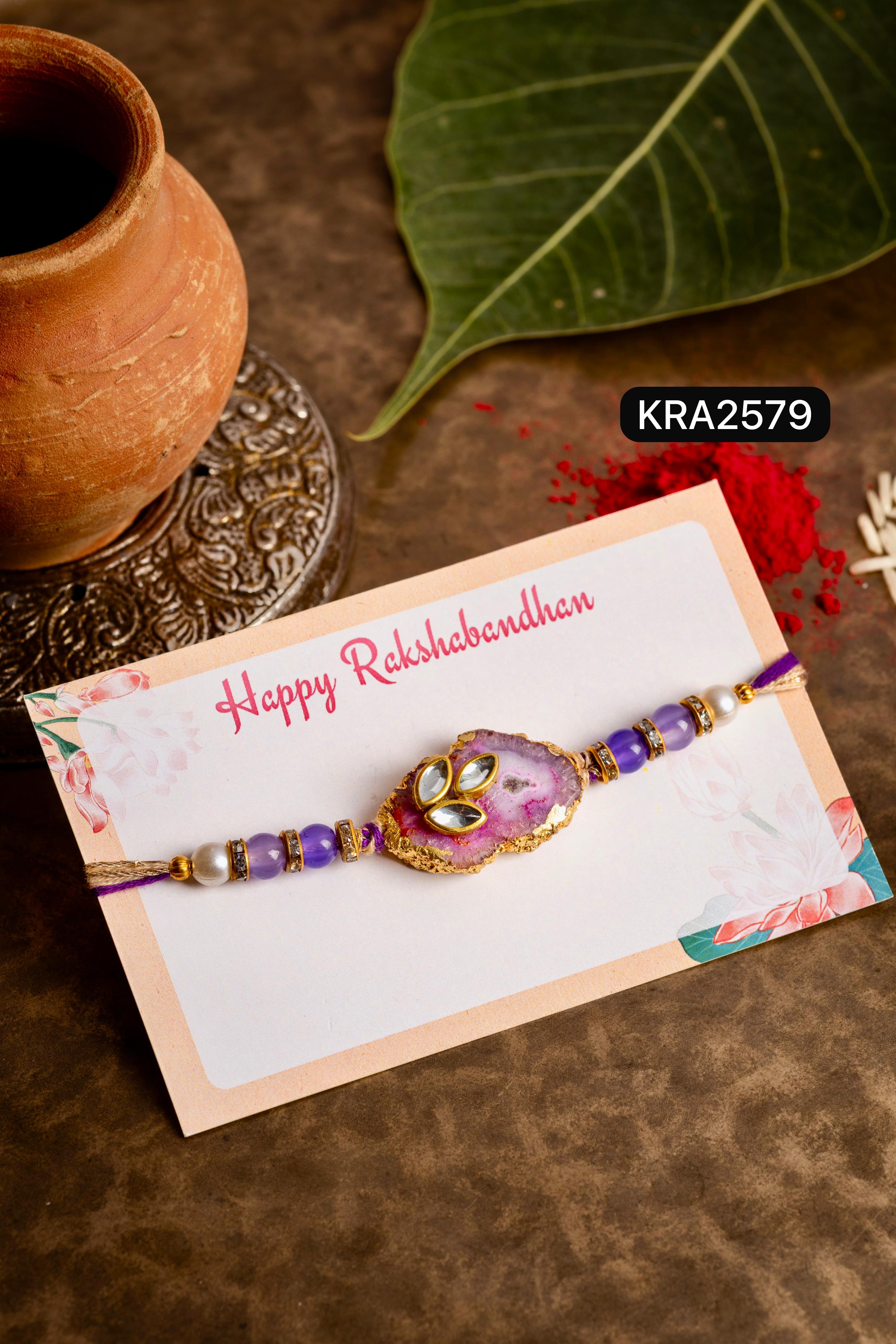 Natural Agate Stone Rakhi With Kundan Stones Embellishments (KRA2579)
