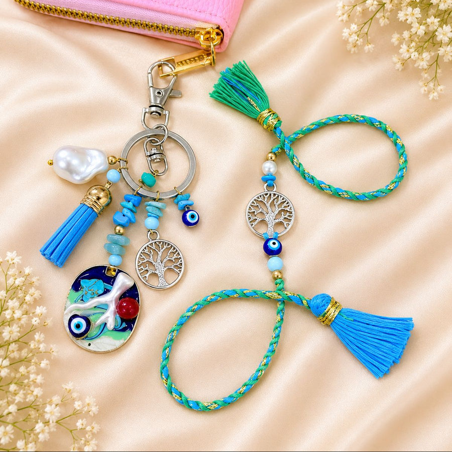 Tree Of Life & Evil Eye Rakhi With Purse Hanging Lumba Set