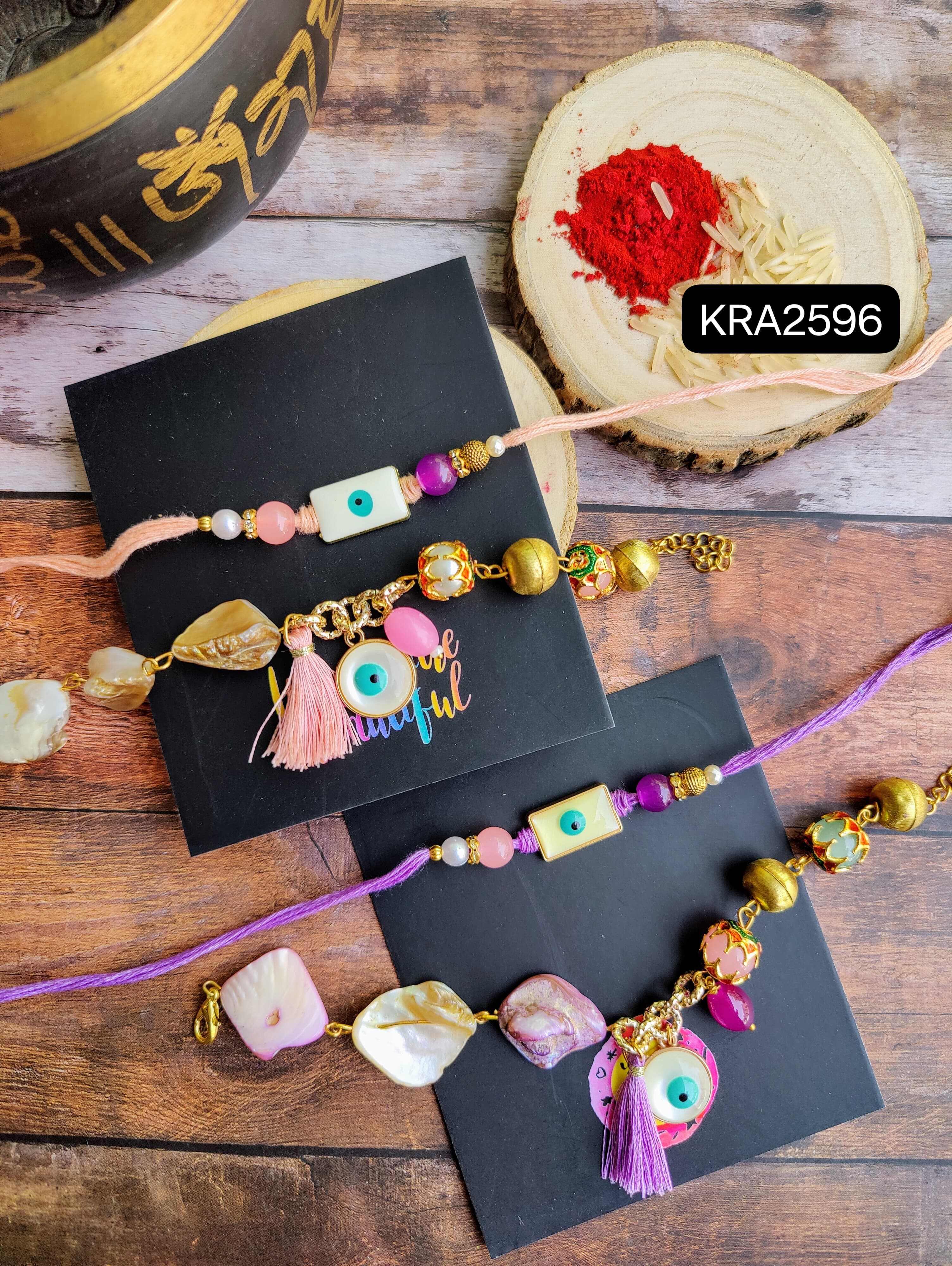 Evil Eye Monalisa Stone & Shells Fusion Rakhi & Bracelet Set (KRA2596)