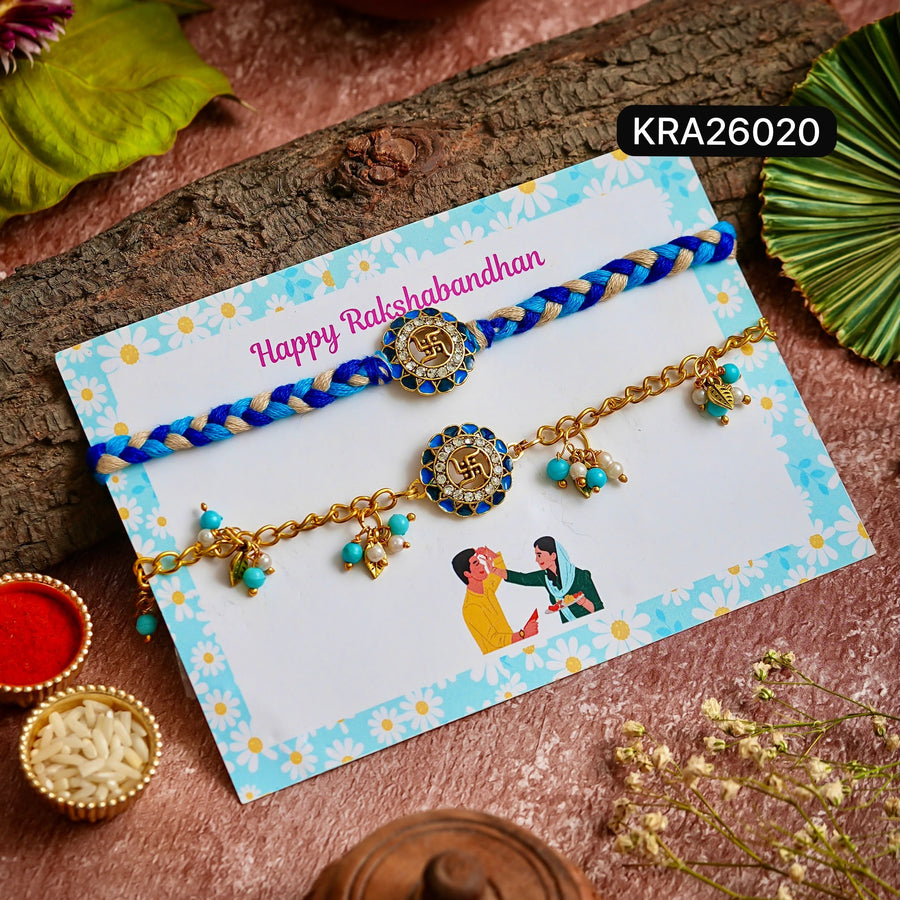 Meenakari Sakhiya Hand Braided Bhai Bhabhi Rakhi & Bracelet Set (KRA26020)