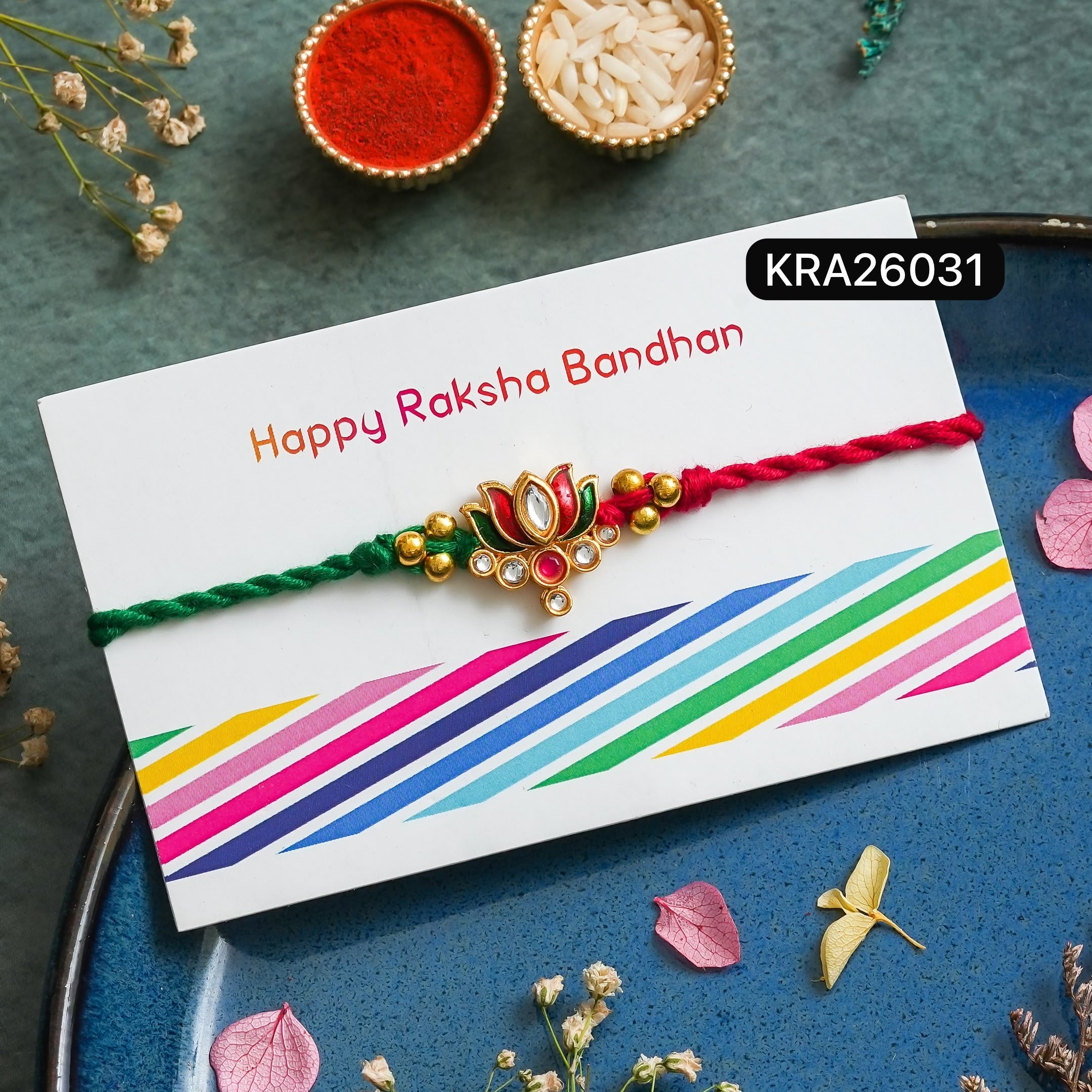 Hand Braided Lotus Kundan Rakhi (KRA26031)