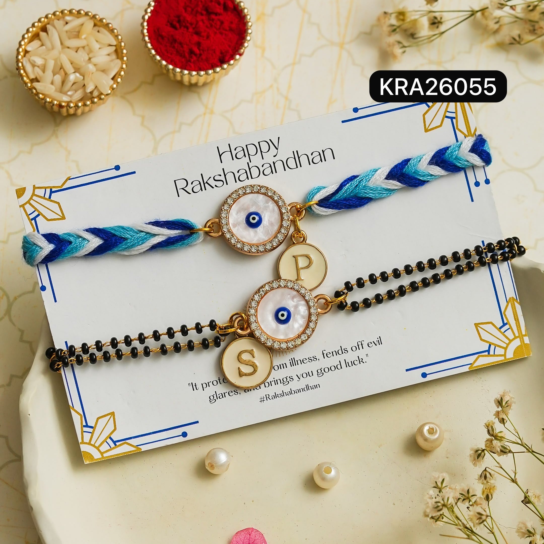 Hand Braided Personalized Bhai Rakhi & Bracelet Set In Evil Eye (KRA26055)